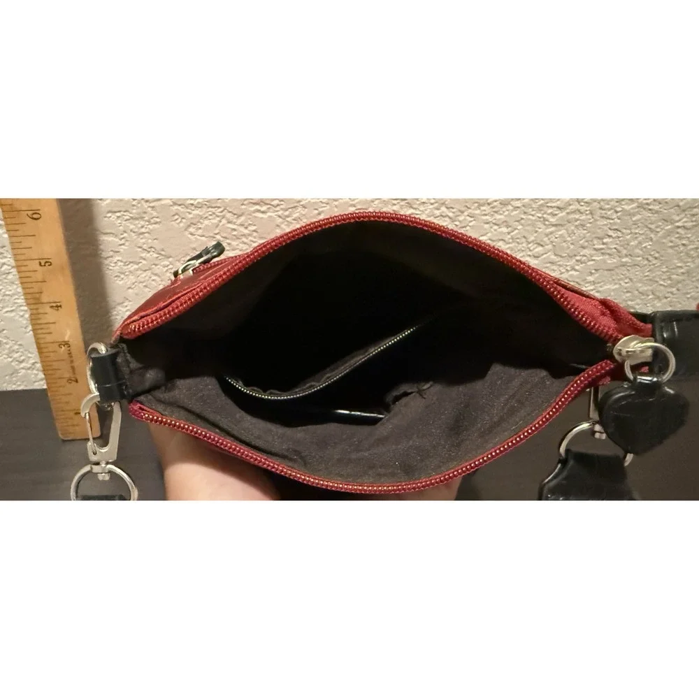 Red Crossbody Bag Silver Metal Heart Black Faux Croc Leather Trim HTF